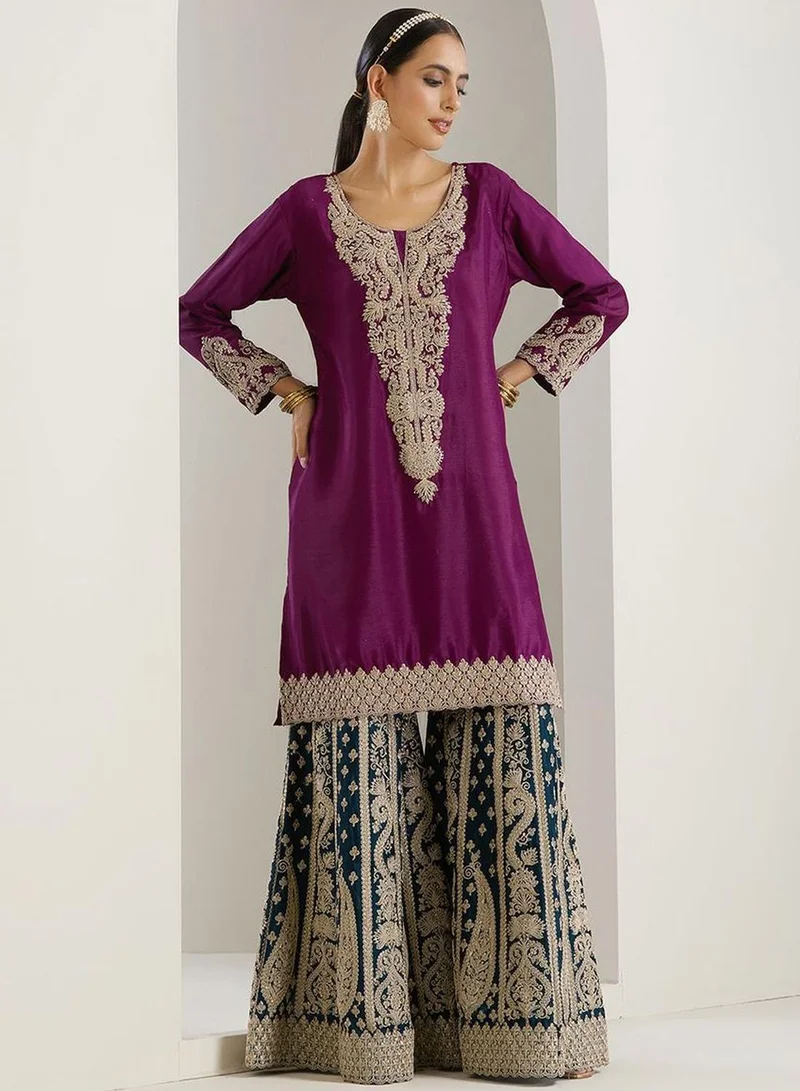 Ishin  Women's Lilac Polyester Blend Embellished Tunic Full Length Palazzo Straight Fit Kurta Set for Women | Best Price UAE